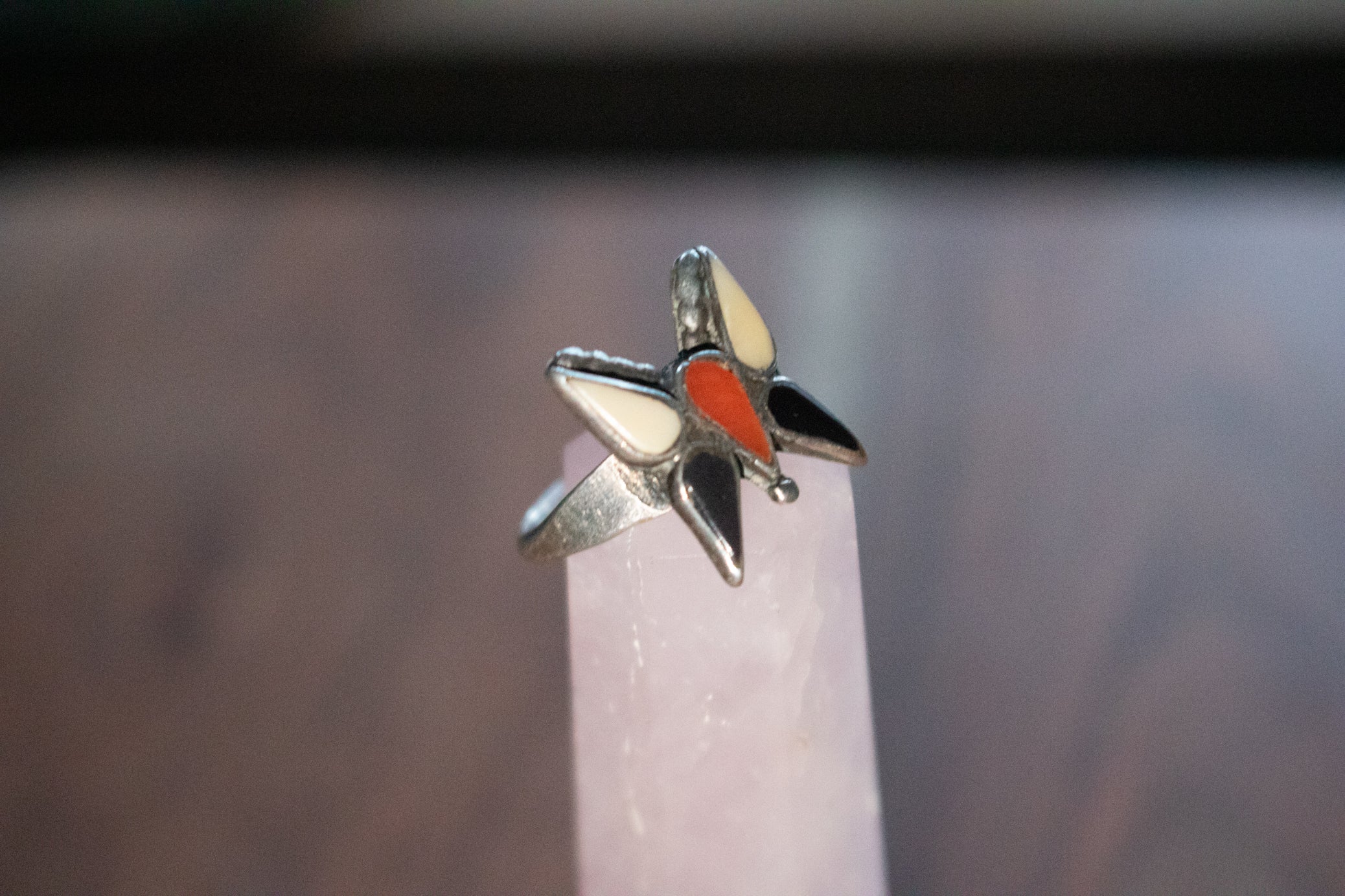 Navajo Red Coral, Ivory, and Black Obsidian Butterfly Style Ring Size 4.5