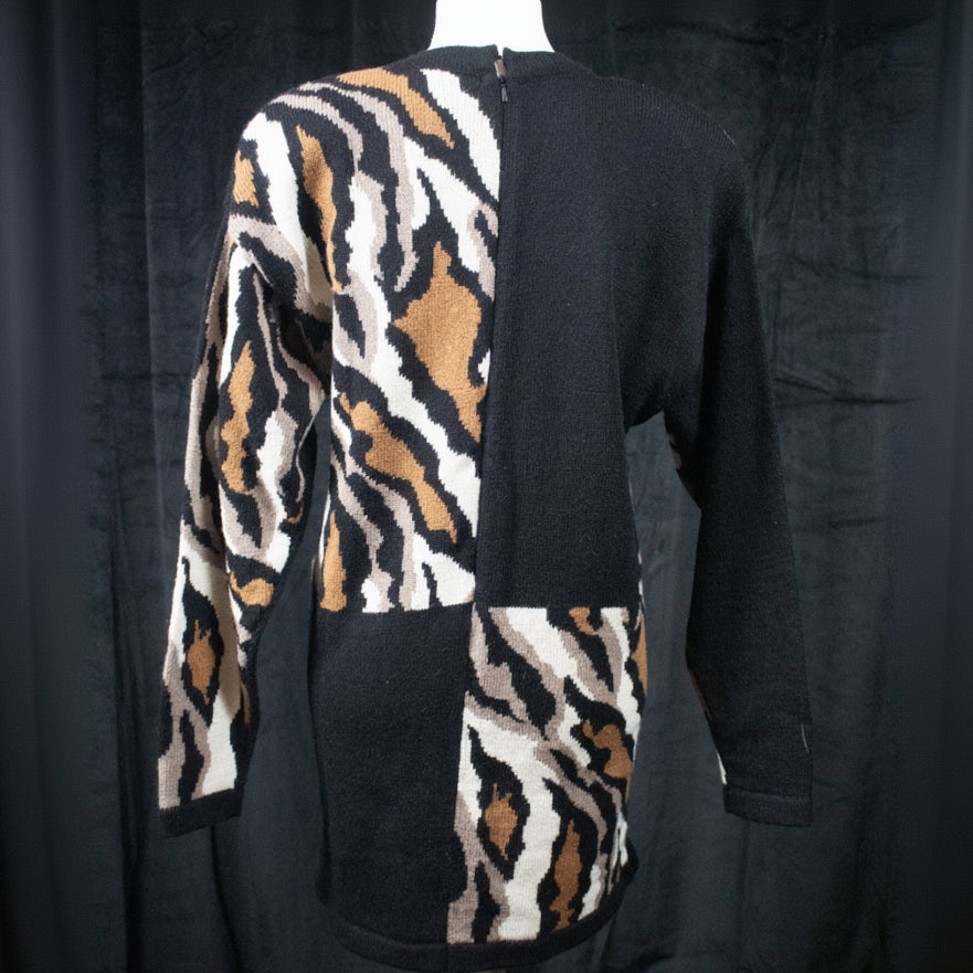 Anne Crimmins For Umi Collections Black/Brown/Tan/White Print Sweater Dress