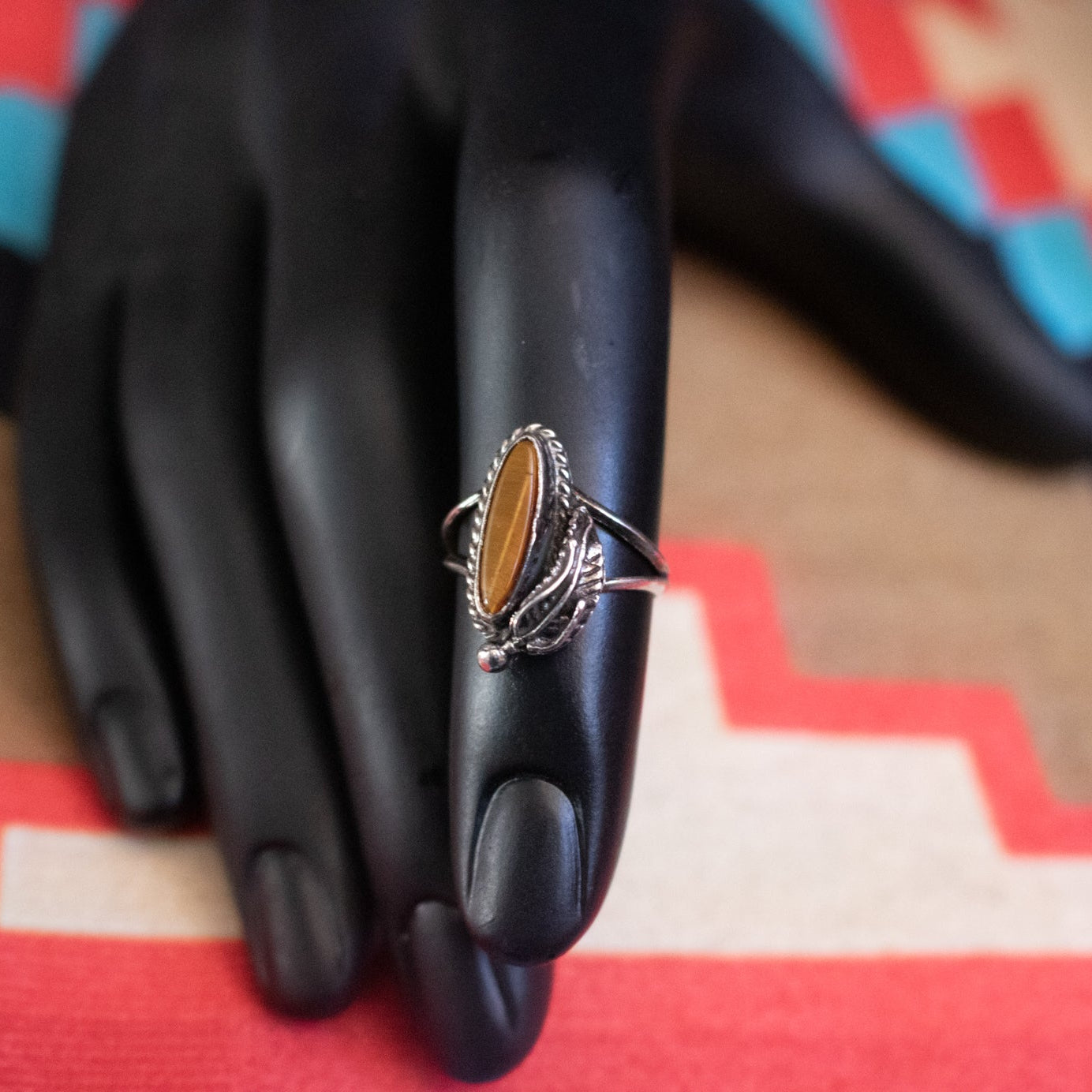 Tiger's Eye Sterling Silver Split Band Rings with Etched Feather Design- Size 3.5