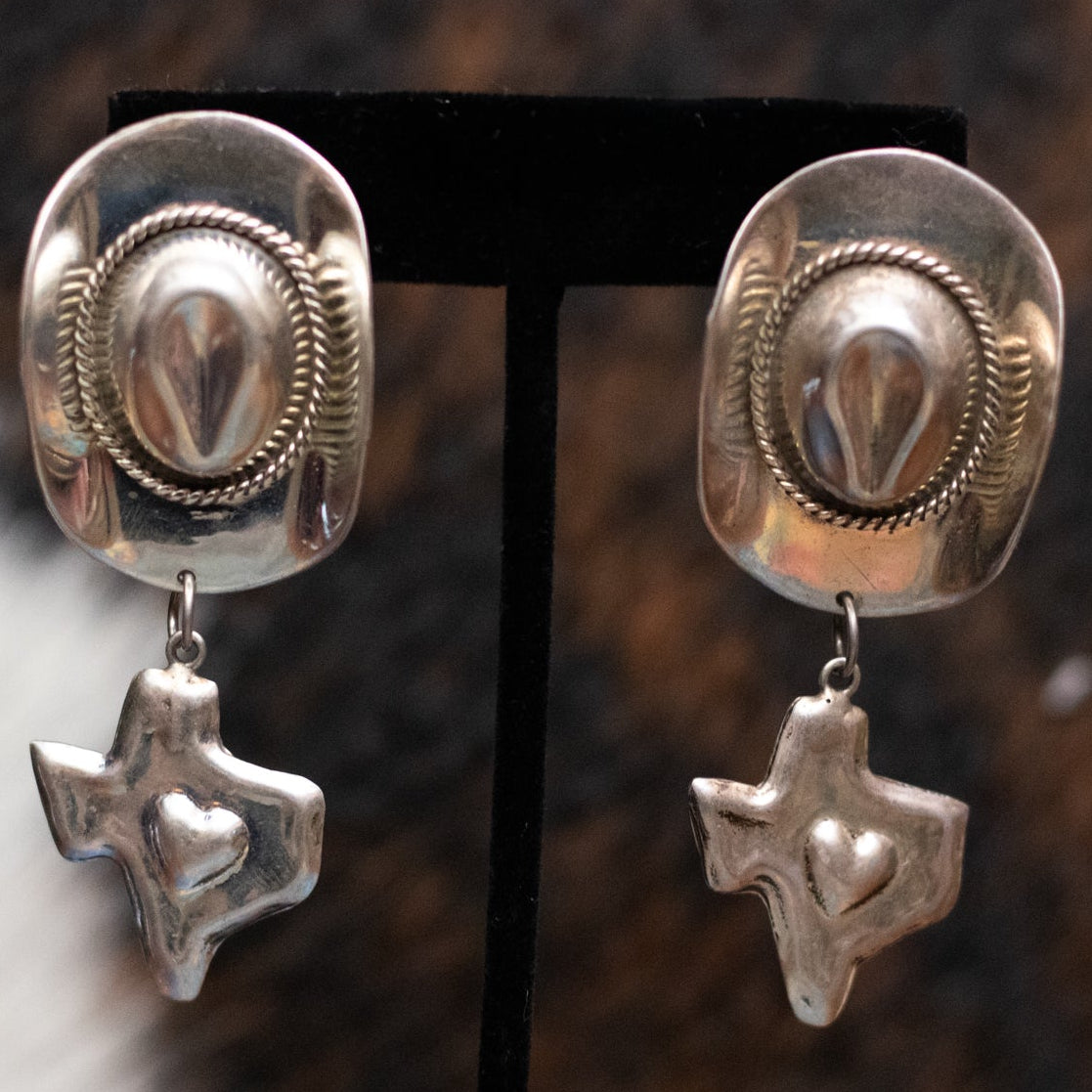 Vintage Silver Cowboy Hats Motif featuring an outline of Texas Dangle Earrings Made in Mexico