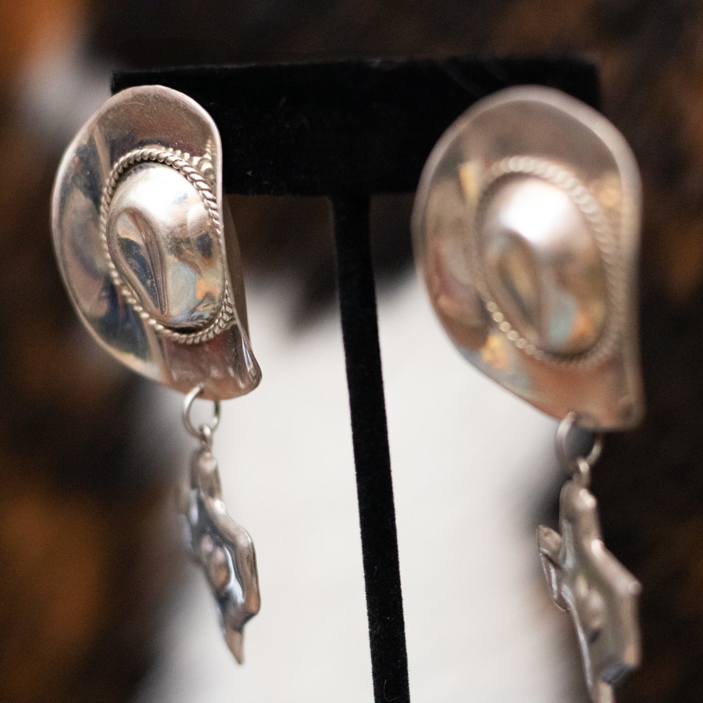 Vintage Silver Cowboy Hats Motif featuring an outline of Texas Dangle Earrings Made in Mexico