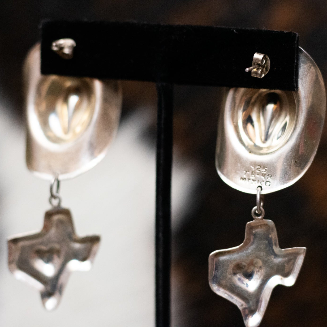 Vintage Silver Cowboy Hats Motif featuring an outline of Texas Dangle Earrings Made in Mexico