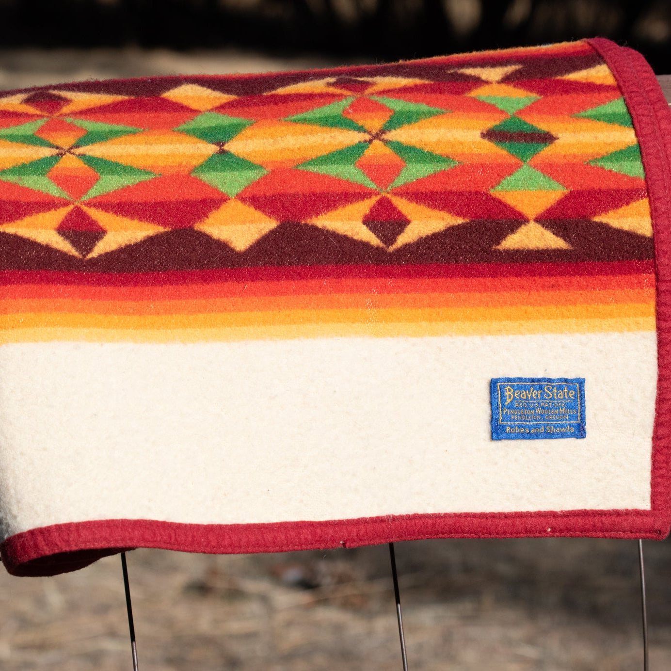 Vintage Beaver State Pendleton Wool Saddle Blanket Tan Aztec Pattern