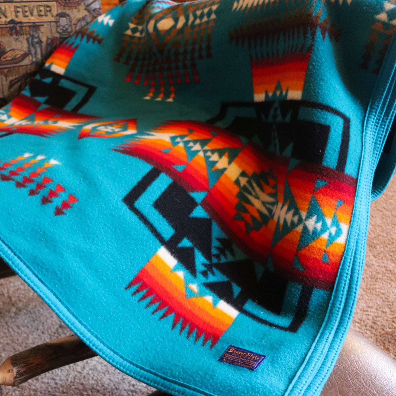 Pendleton Beaver State Blanket Featuring Bold Teal Blue with Warm Reds and Oranges