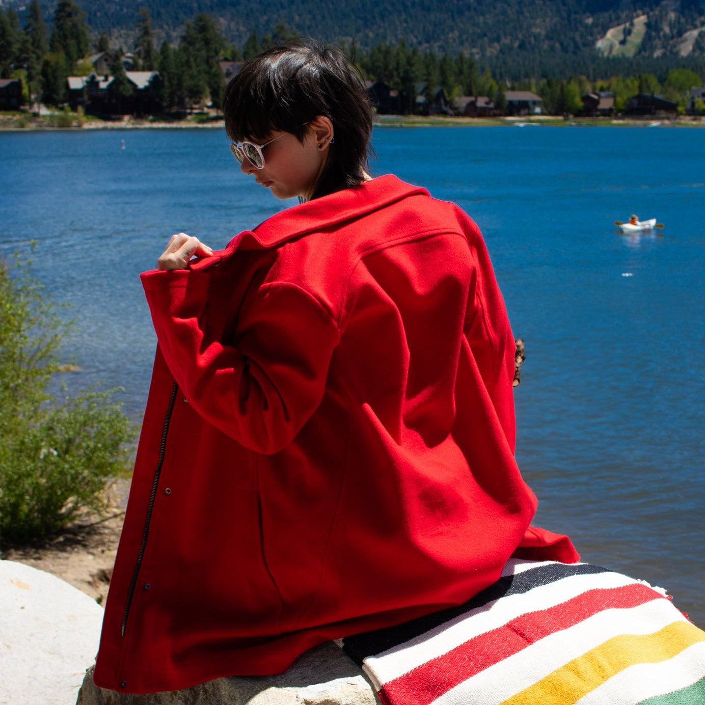 Pendleton National Park Cascade Campbell Women's Wool Red Coat with Glacier Stripe Linner