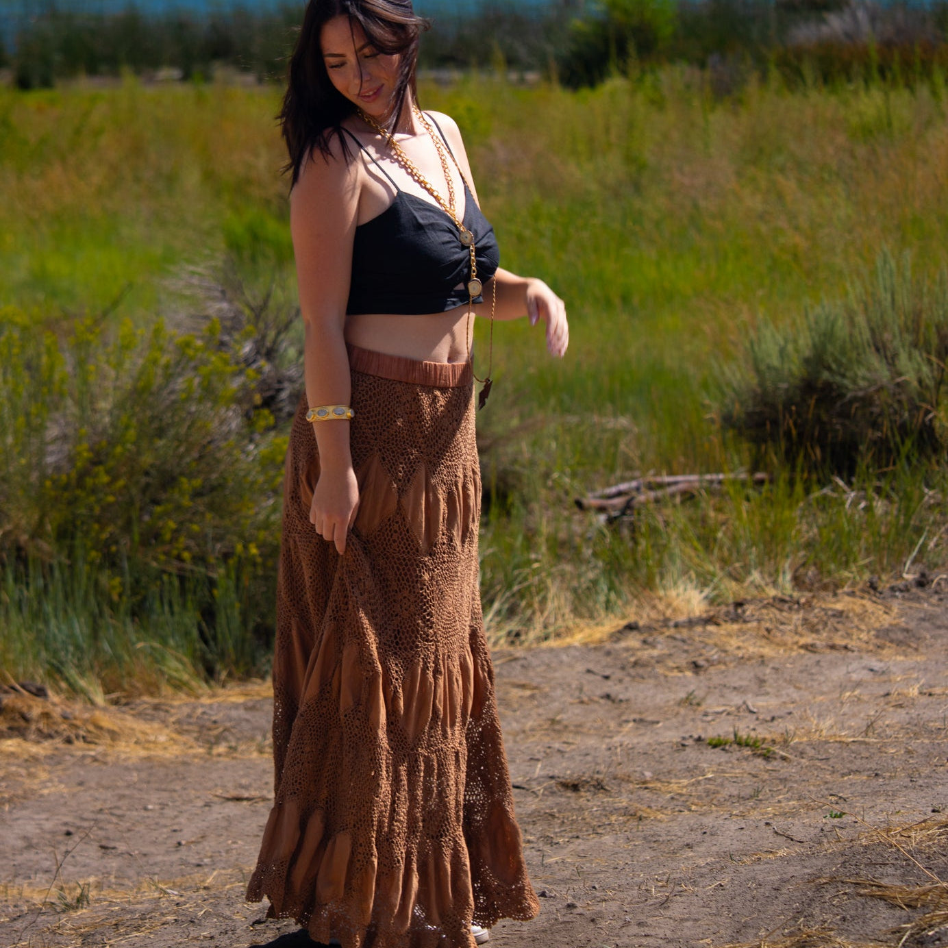 Vintage Bohemian Crochet Lase Brown Skirt