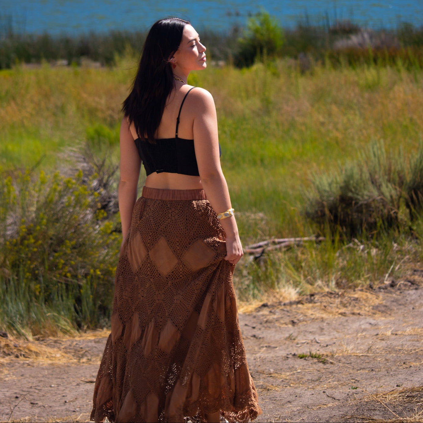 Vintage Bohemian Crochet Lase Brown Skirt