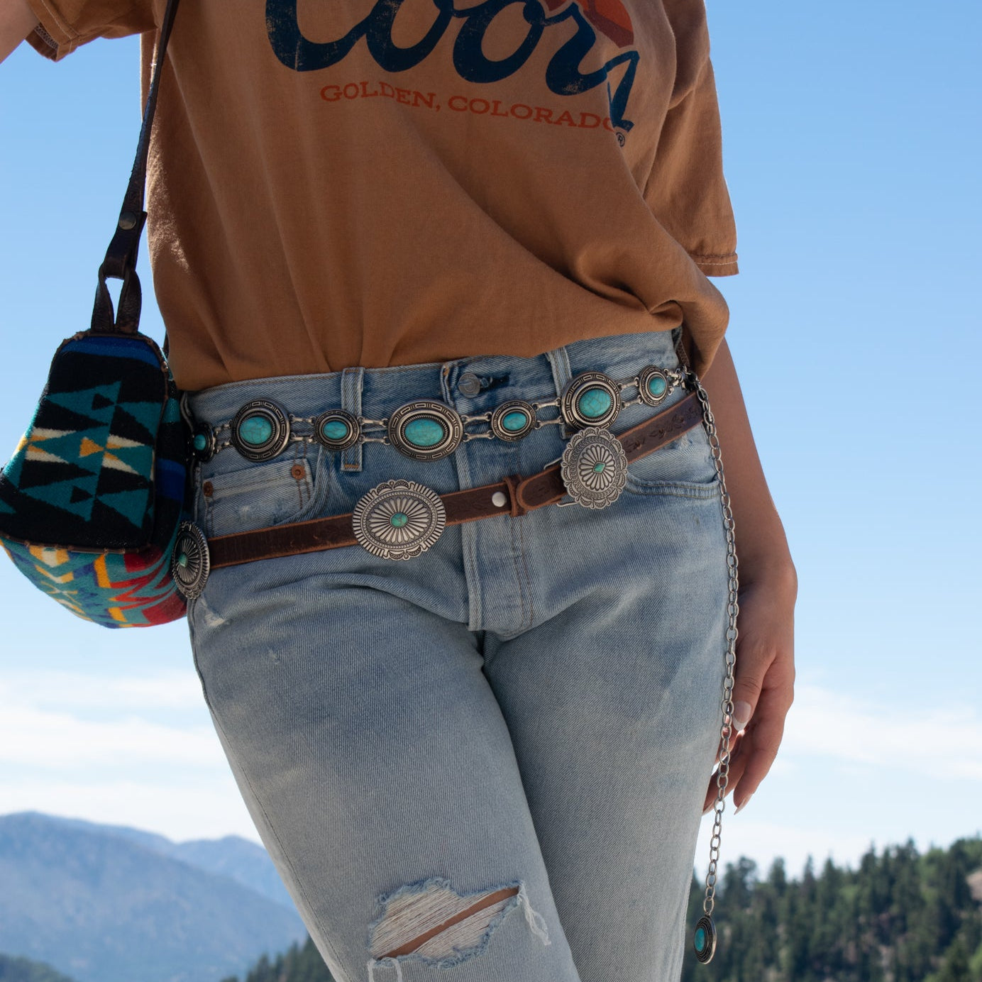 Western Distressed Leather belt oval concho with turquoise accent