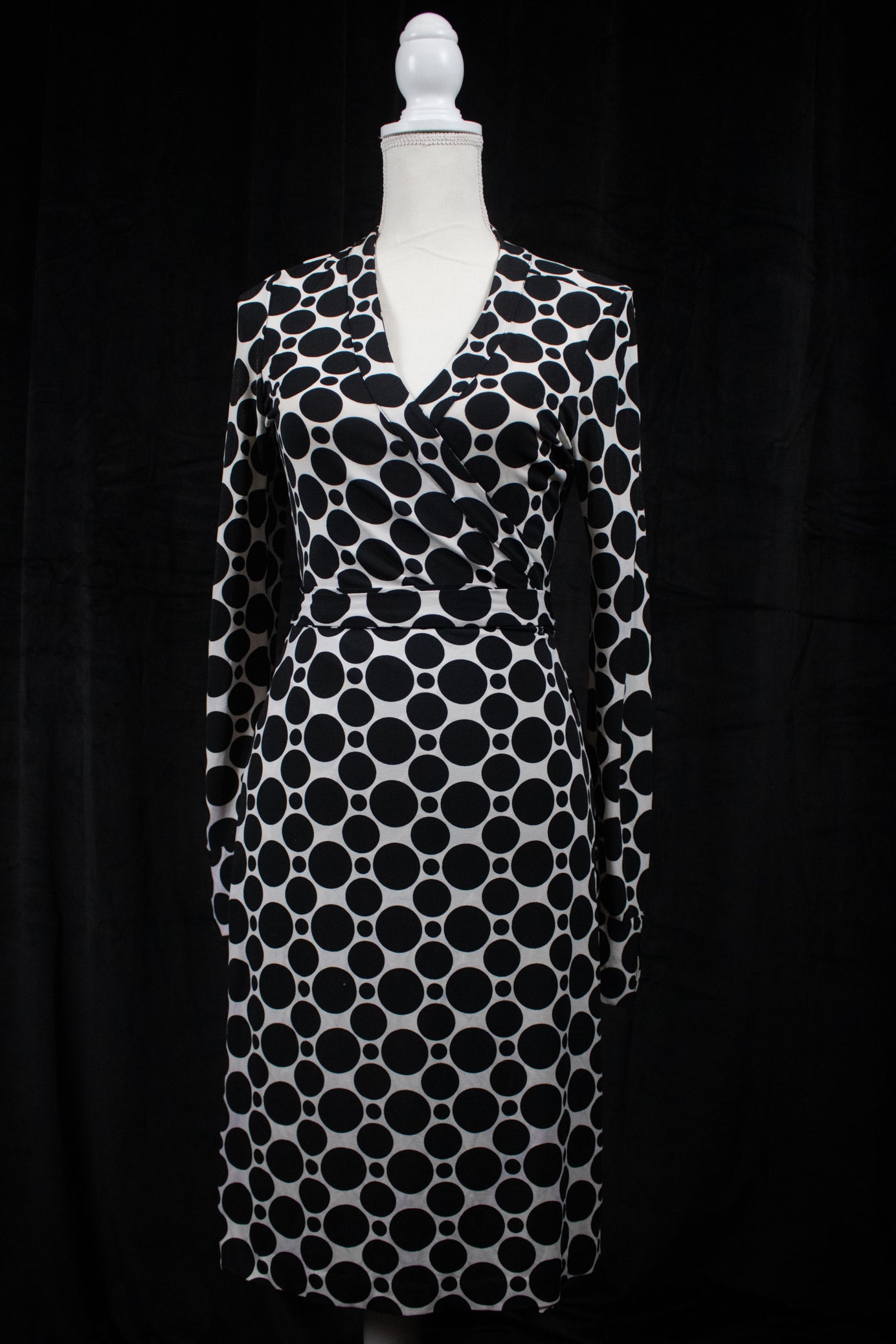 International Concepts Black & White Polka Dot Wrap Dress Petite Long Sleeve Knee Length