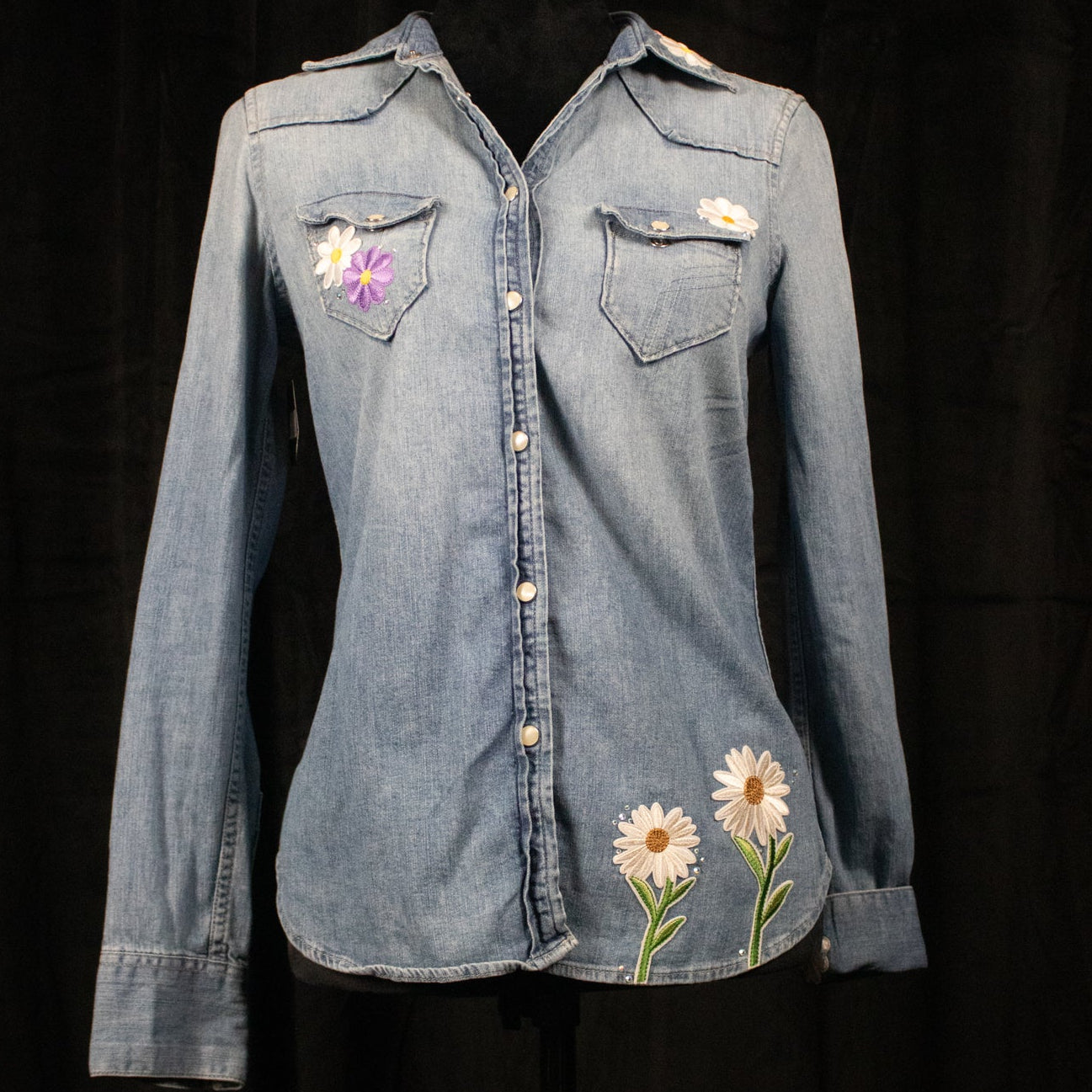Western Distressed Denim White Pearly Buttons