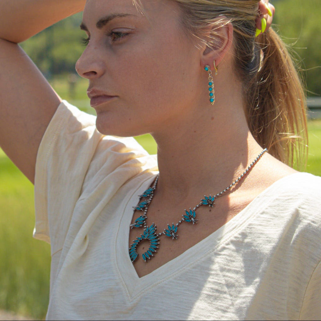 Turquoise Needlepoint Squash Blossom Necklace Naja Pendant Southwestern Statement Jewelry