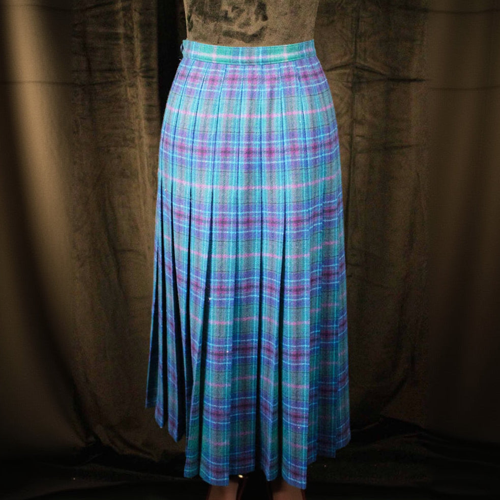 Pendleton Women's Teal Blue Purple Plaid Pleated Wool Skirt