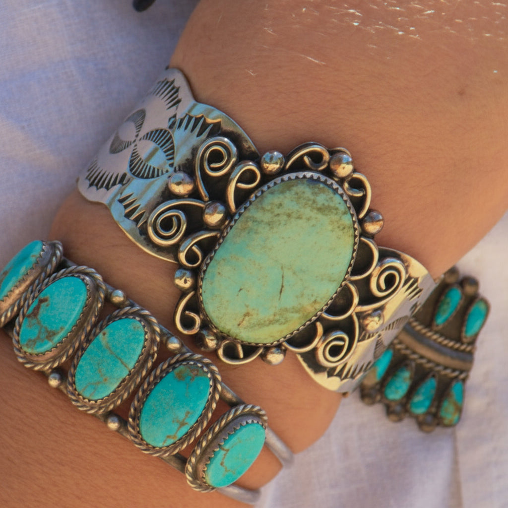 Navajo Indian Nickel Silver and Turquoise Cuff Bracelet by Cleveland