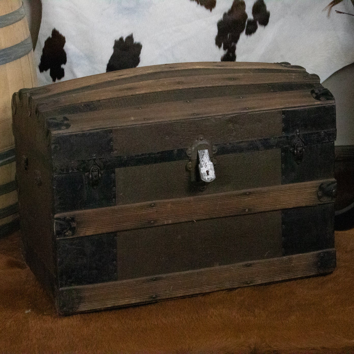 vintage wooden steamer trunk storage chest with domed lid antique metal hardware rustic western cabin decor approximately 32 by 19 by 23 inches