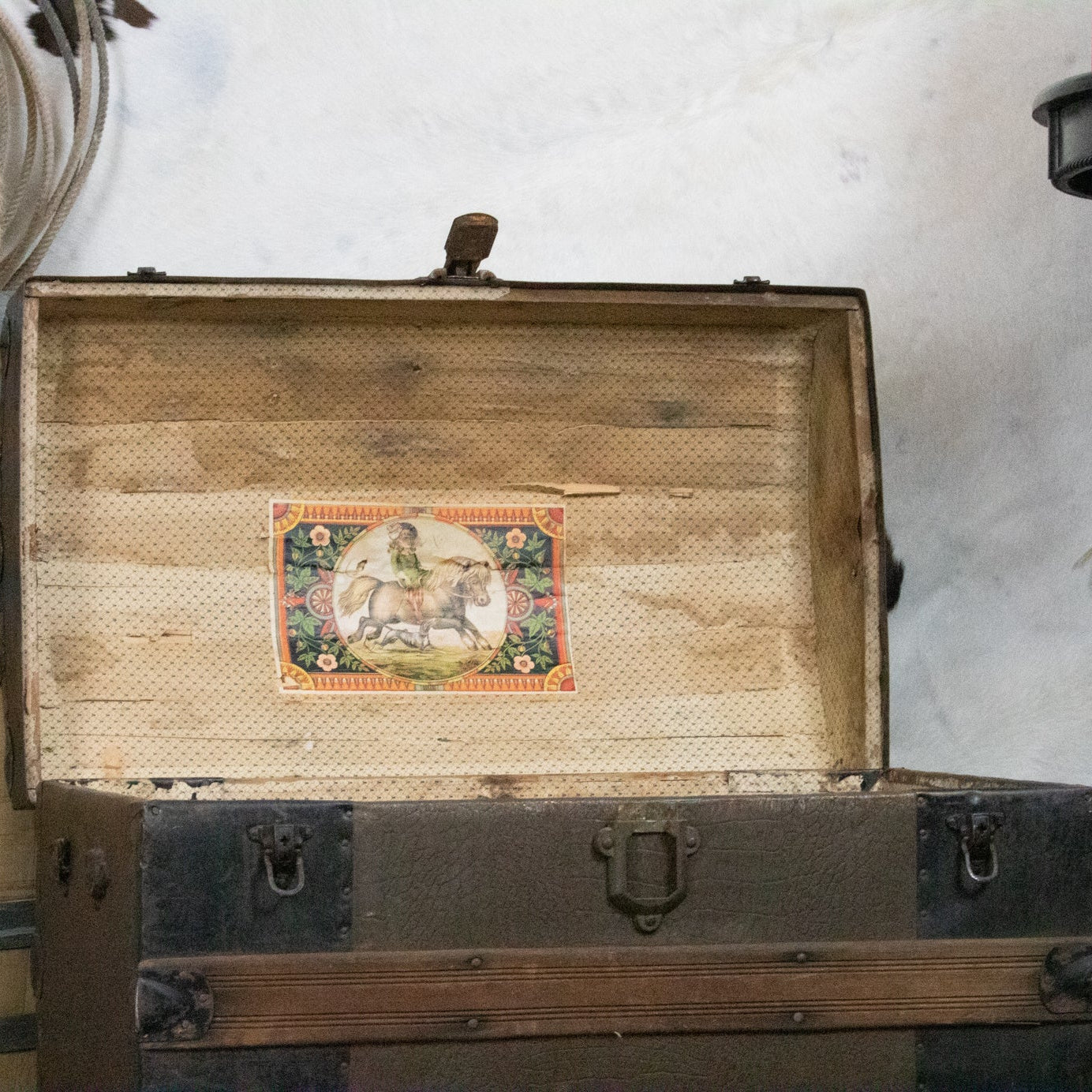 vintage wooden steamer trunk storage chest with domed lid antique metal hardware rustic western cabin decor approximately 32 by 19 by 23 inches