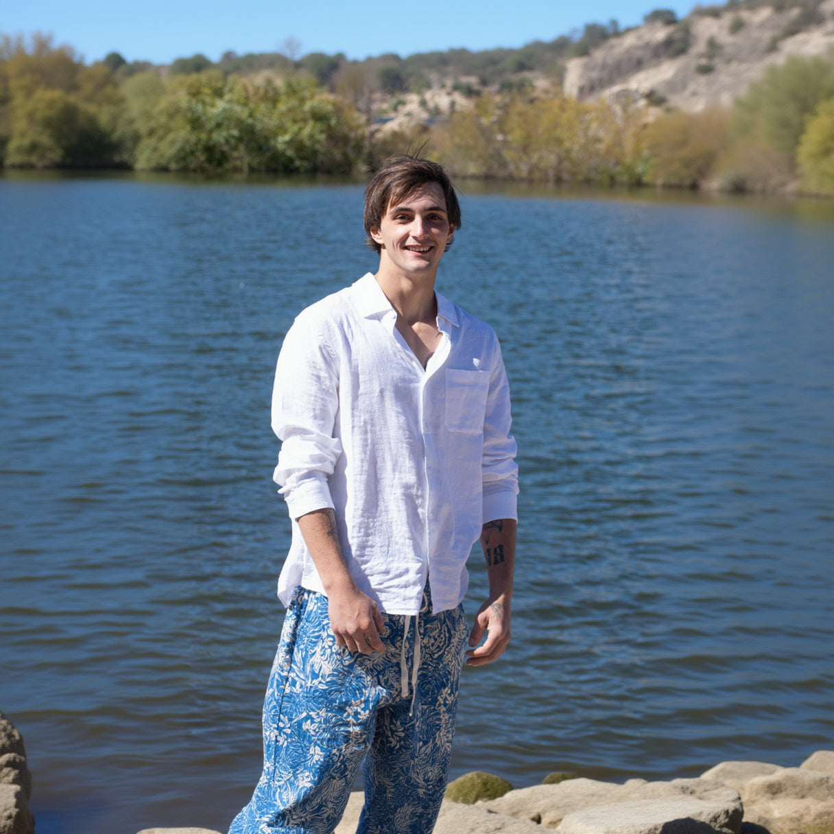 MAGASCHONI white linen and viscose blend long sleeve button down shirt available in medium and large sizes