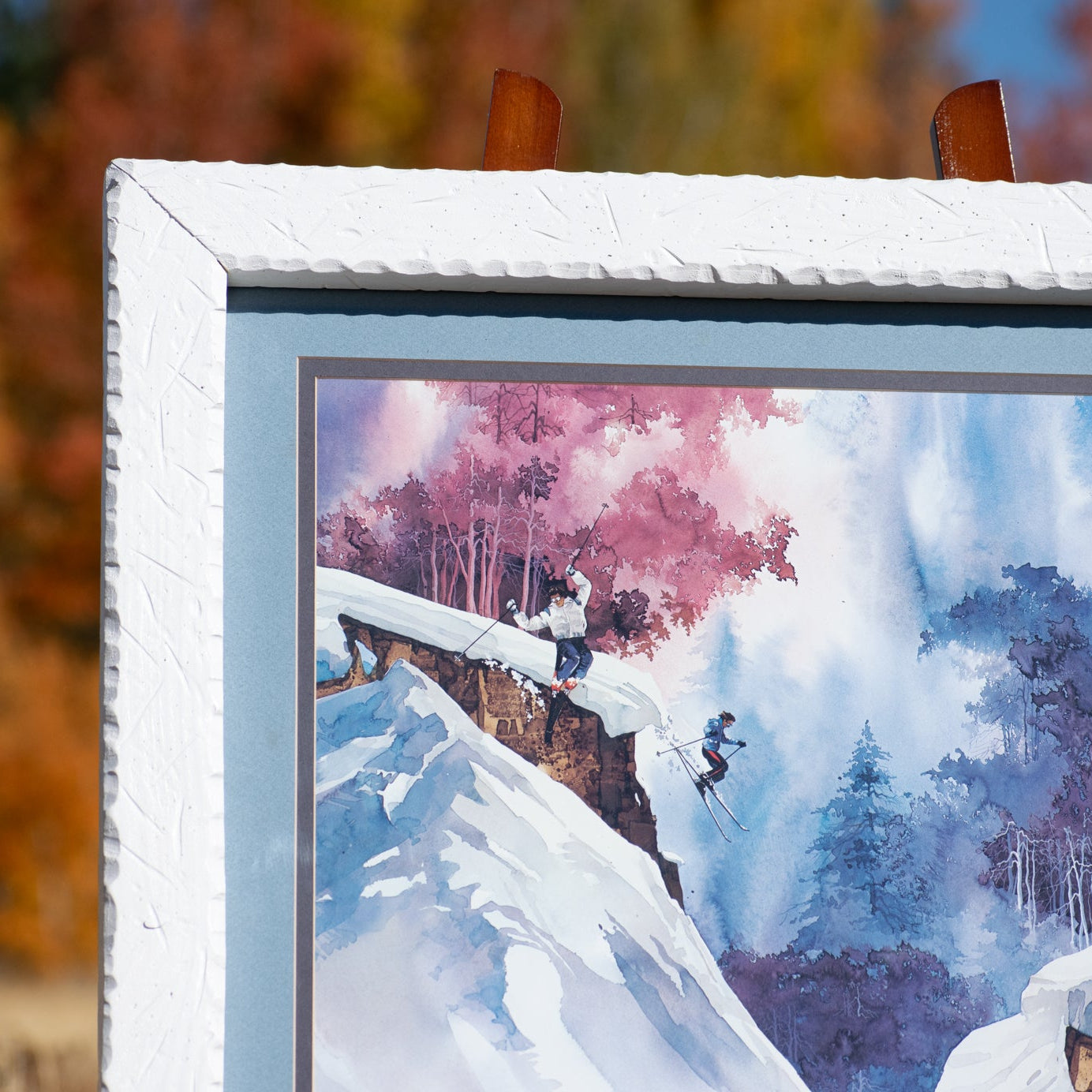 Framed Winter Ski Landscape Painting by Michael Atkinson – Rustic Mountain Wall Art 27x33