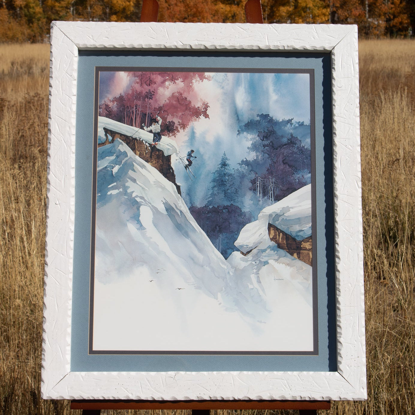 Framed Winter Ski Landscape Painting by Michael Atkinson – Rustic Mountain Wall Art 27x33
