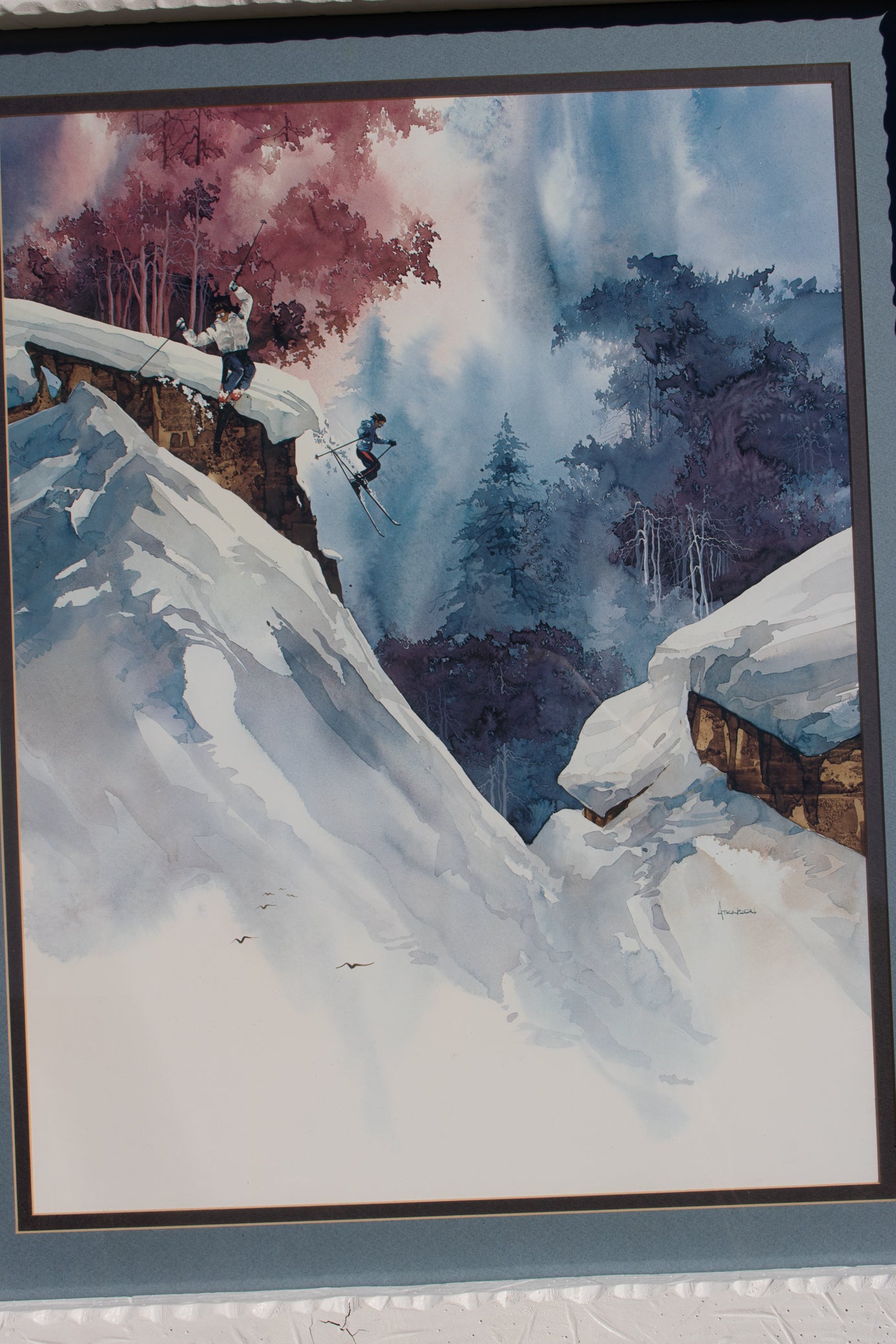 Framed Winter Ski Landscape Painting by Michael Atkinson – Rustic Mountain Wall Art 27x33