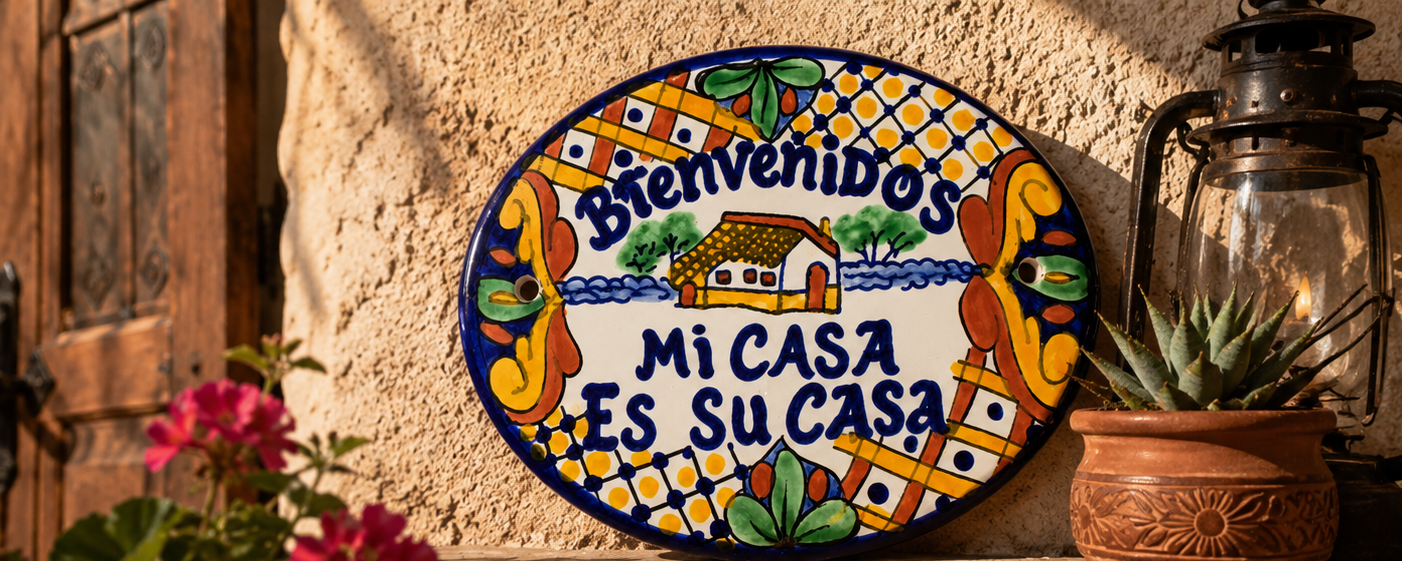 hand painted colorful ceramic welcome sign featuring Bienvenidos Mi Casa Es Su Casa text with traditional Mexican-inspired artwork and cottage scene