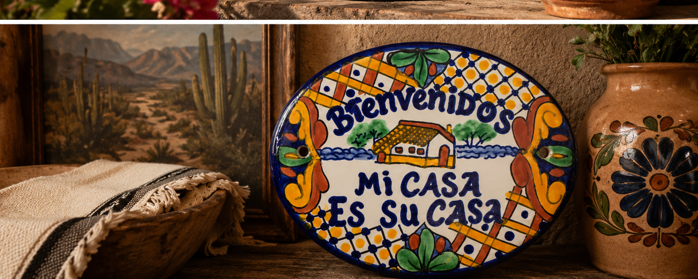 hand painted colorful ceramic welcome sign featuring Bienvenidos Mi Casa Es Su Casa text with traditional Mexican-inspired artwork and cottage scene