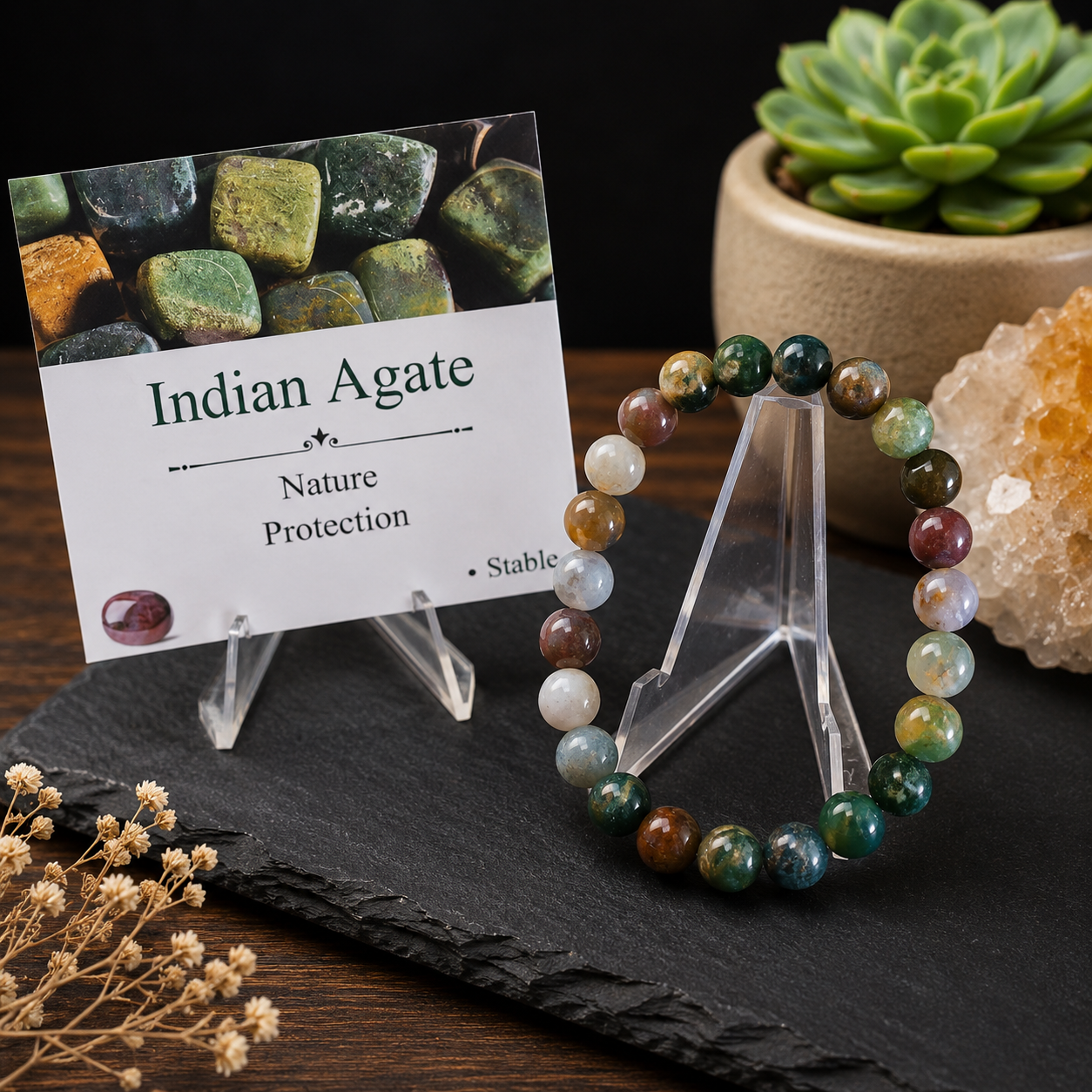 Indian Agate Beaded Stretch Bracelet