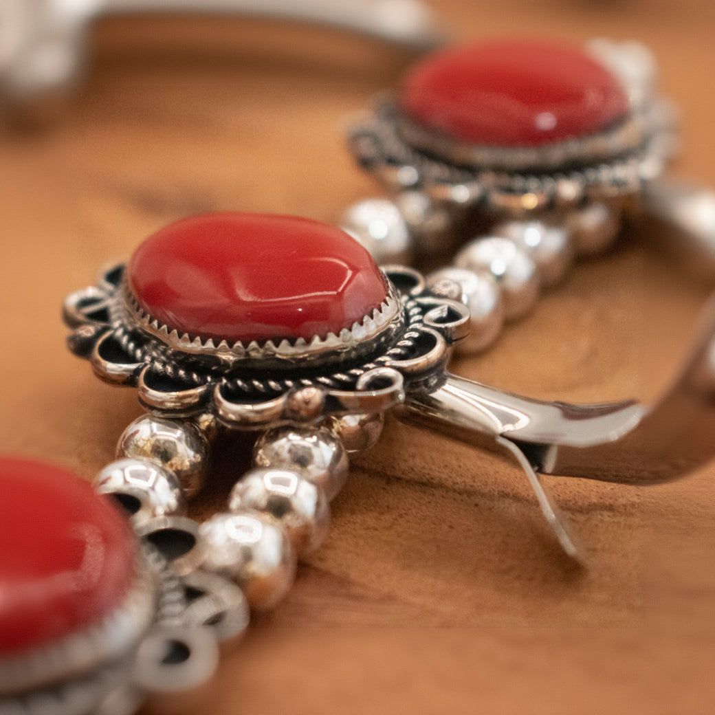Navajo Pewter Coral Squash Blossom Necklace Handmade by Navajo Silversmith Jackie Cleveland.