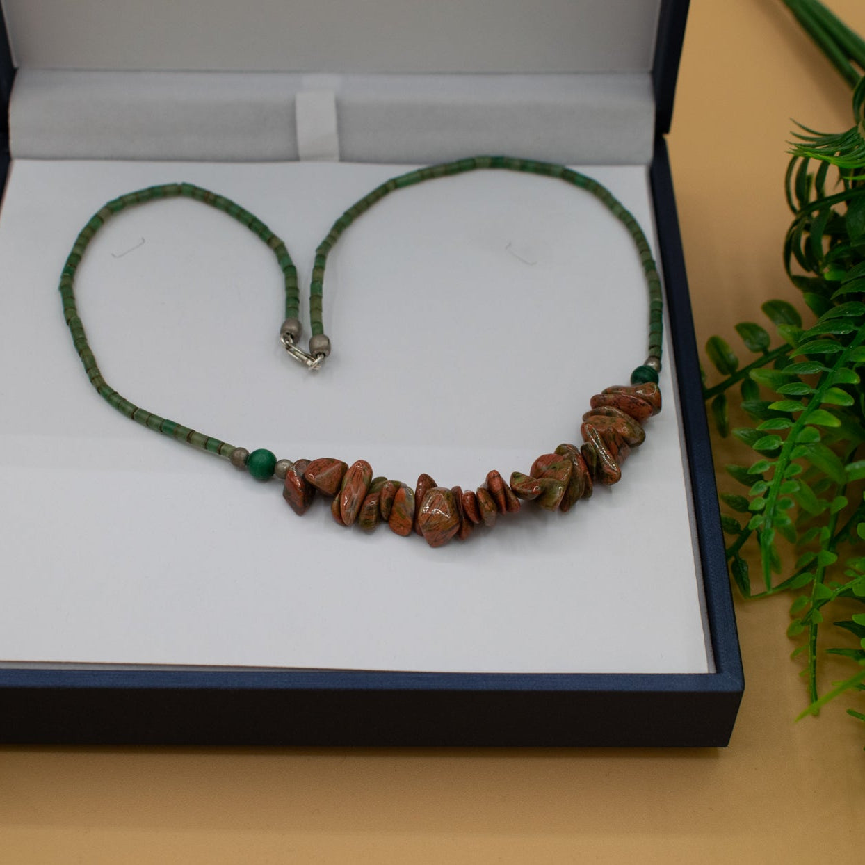 Unakite, Malachite, Serpentine, & Silver Beaded Necklace with Sterling Silver Clasp.