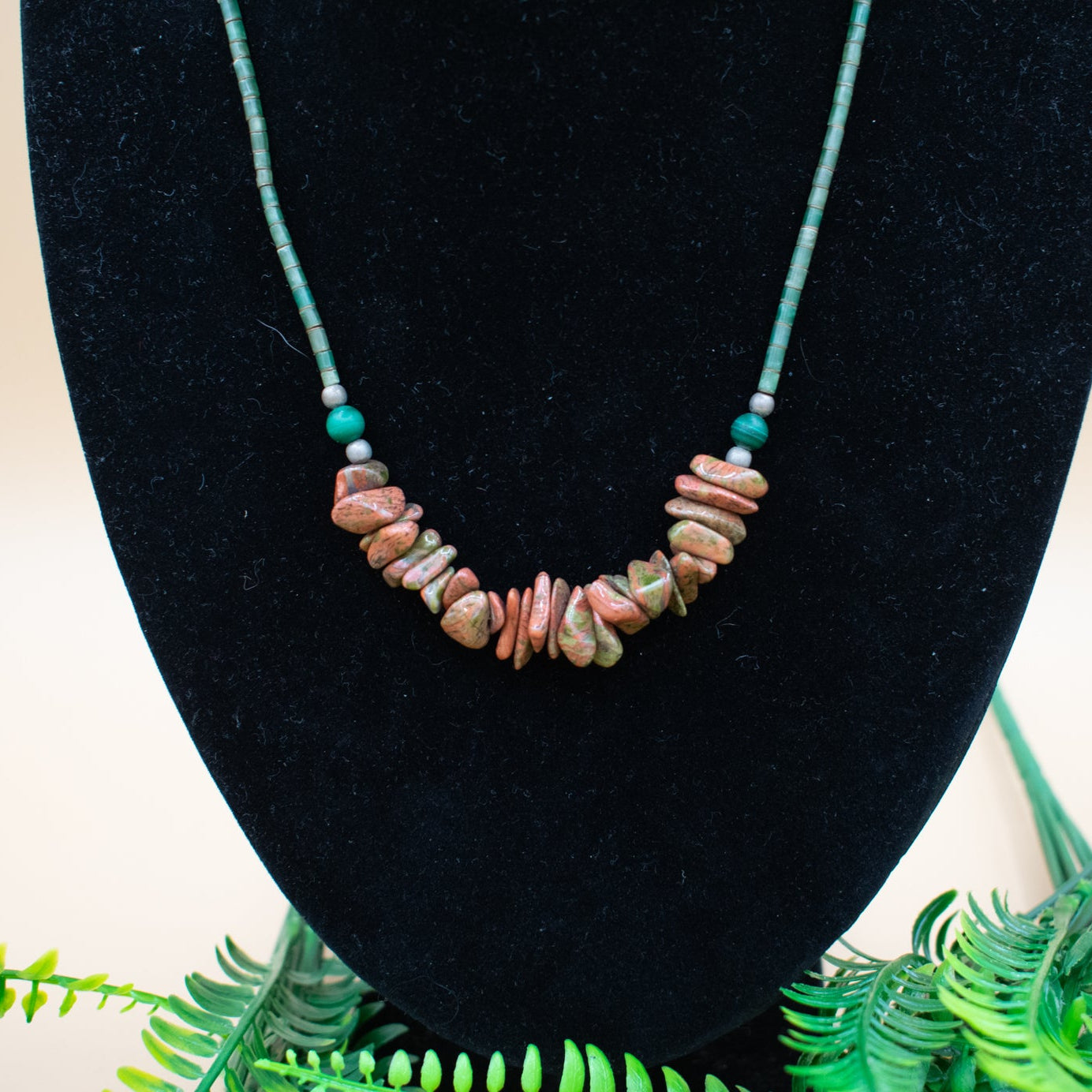Unakite, Malachite, Serpentine, & Silver Beaded Necklace with Sterling Silver Clasp.