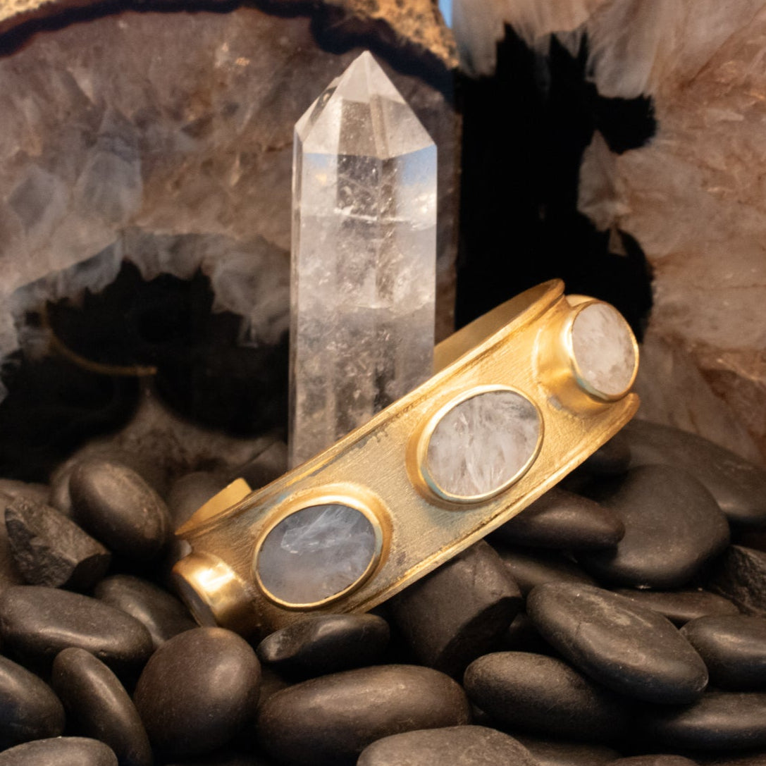 Cleo Clear Quartz Stone Cuff Gold Bracelet