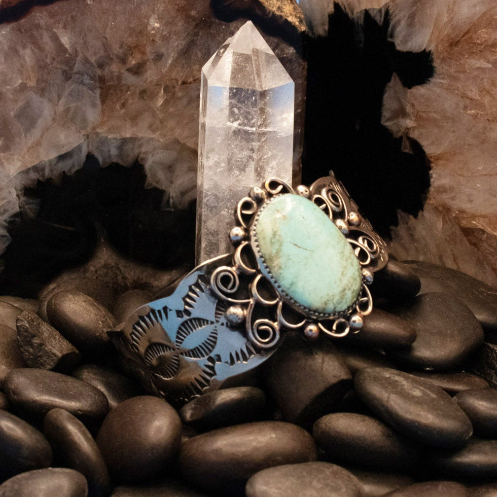 Navajo Indian Nickel Silver and Turquoise Cuff Bracelet by Cleveland