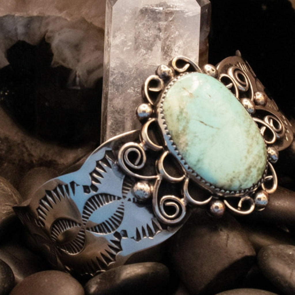 Navajo Indian Nickel Silver and Turquoise Cuff Bracelet by Cleveland