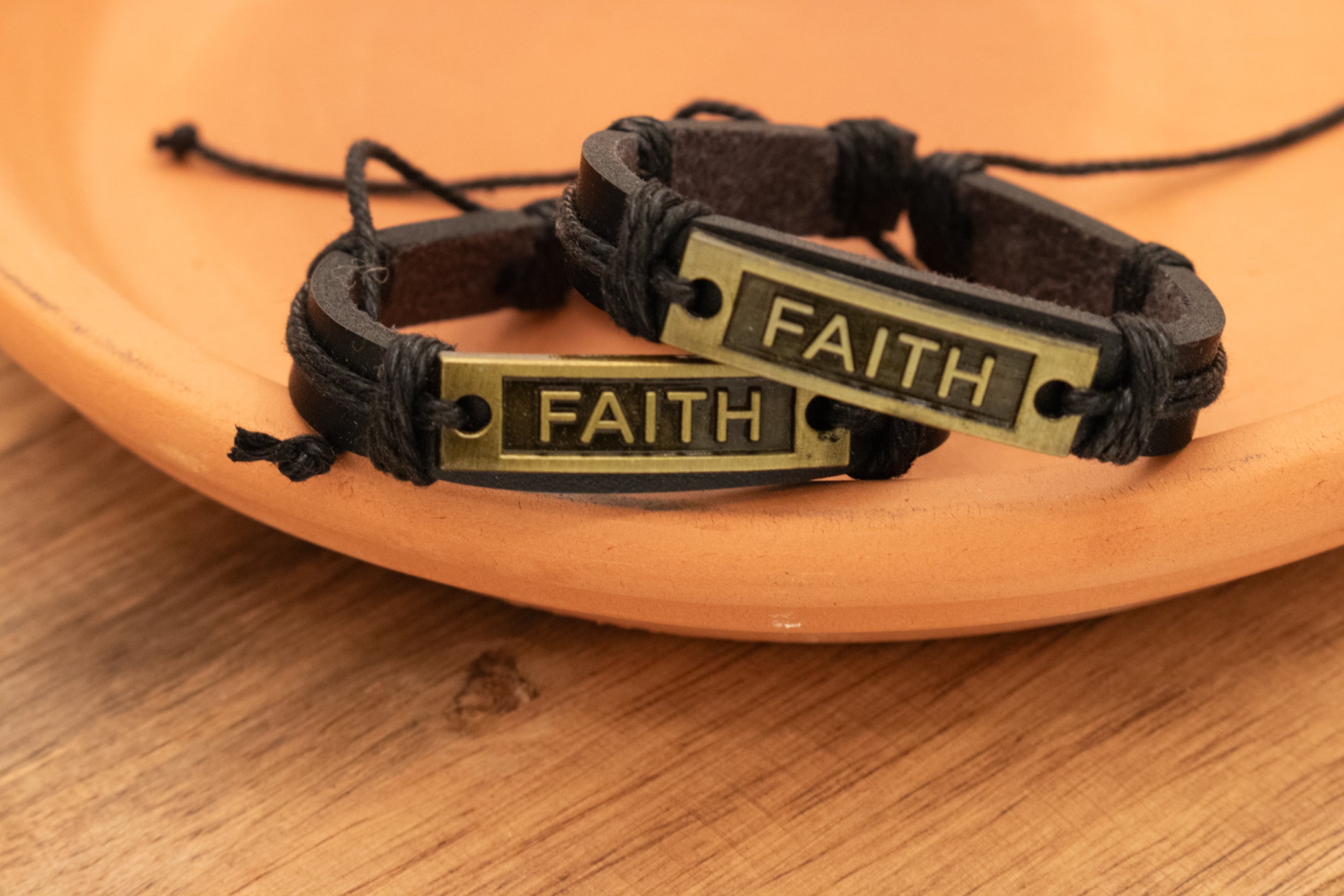 Black Leather "Faith" Braided Rope Adjustable Bracelet