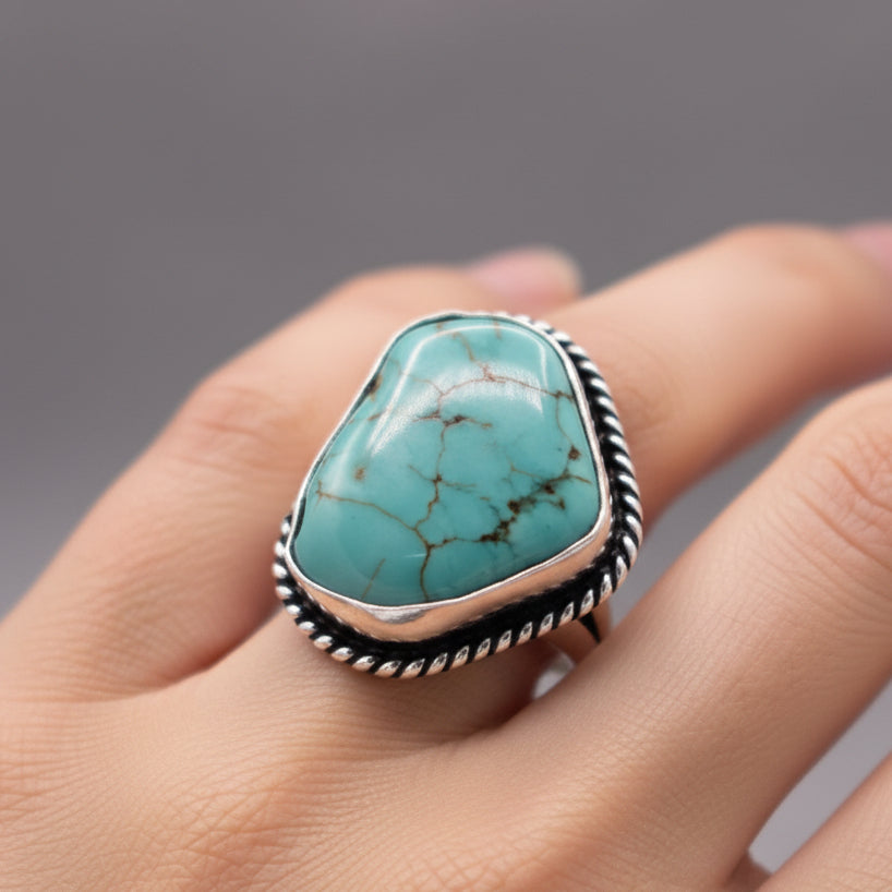 Raw Turquoise 925 Sterling Silver Ring Size 6