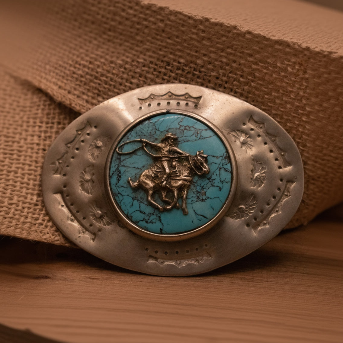 Vintage Western Style Nickel Silver and Turquoise Belt Buckle