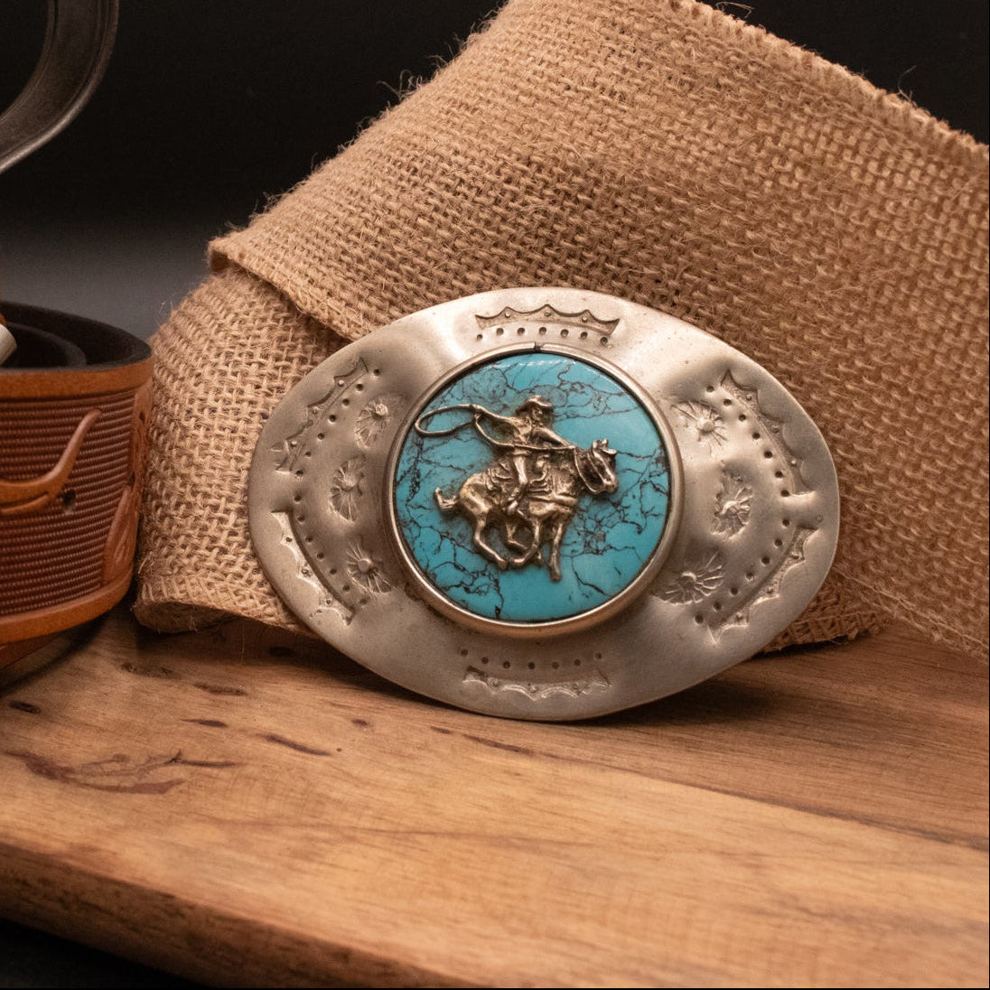 Vintage Western Style Nickel Silver and Turquoise Belt Buckle