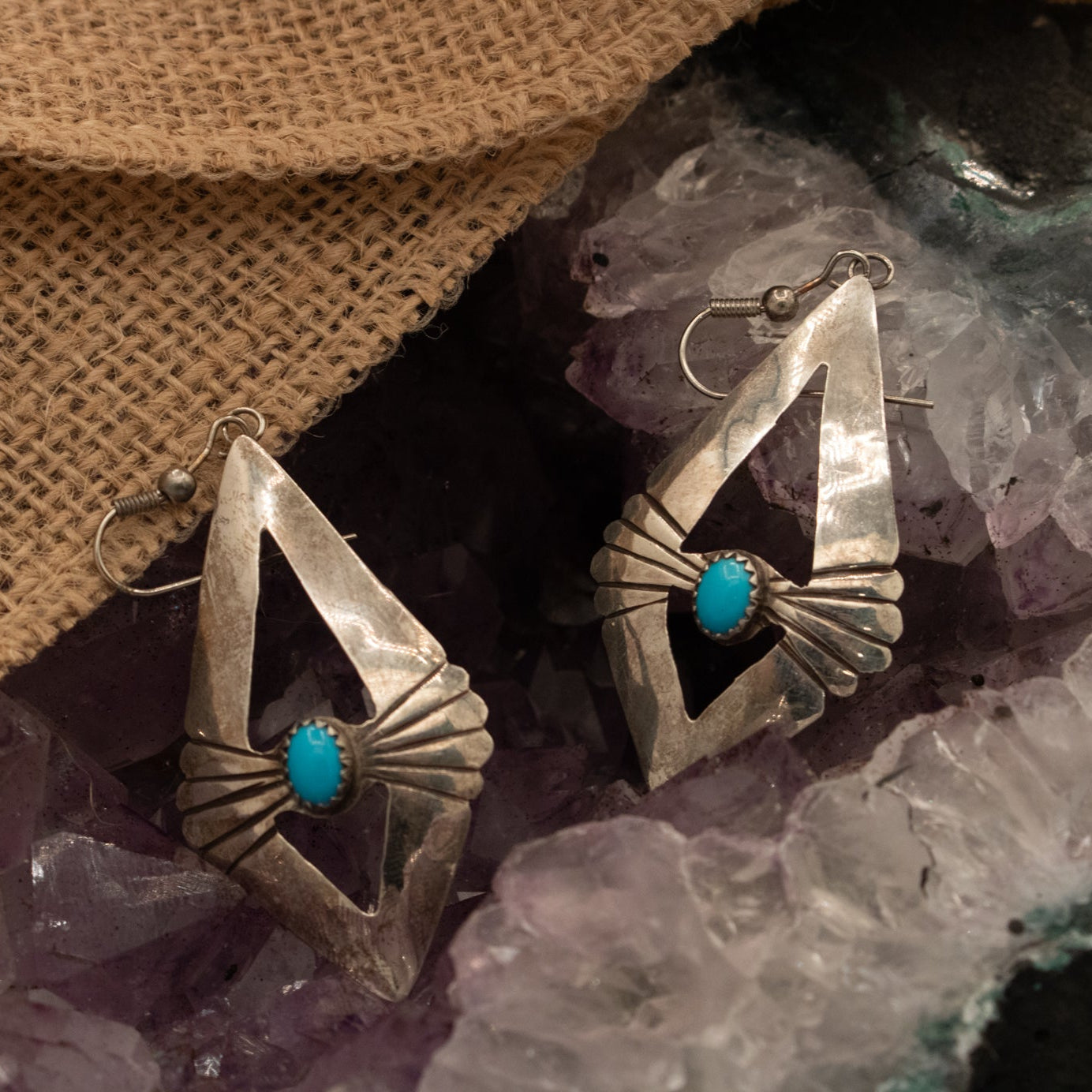 Vintage Navajo Turquoise Sterling Dimond Shaped Silver Dangle Earrings