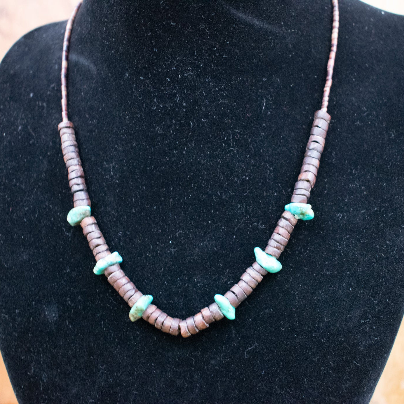 Vintage Navajo Native American Santa Rita Turquoise Necklace with Wooden Beads