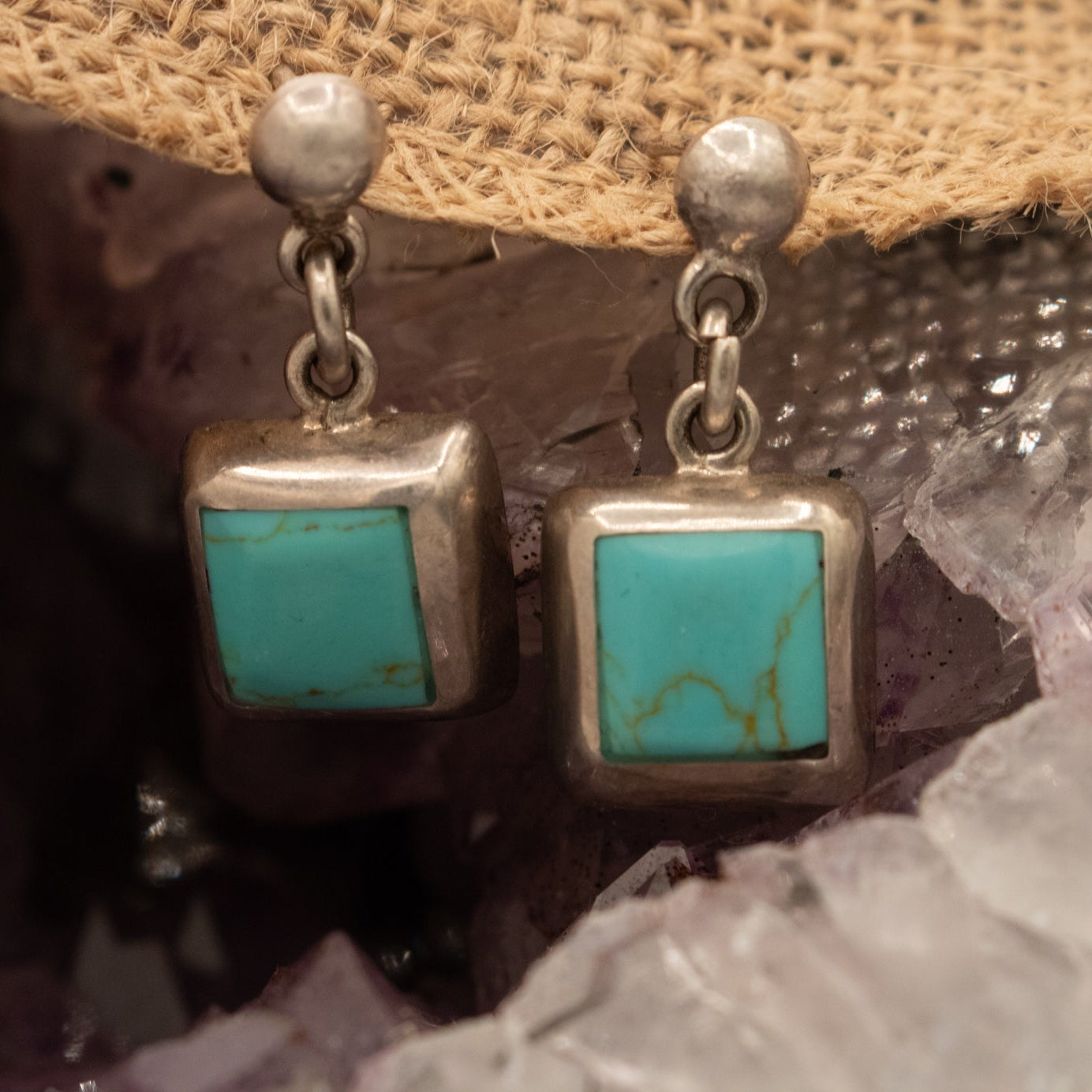 Timberline Turquoise Earrings with a Square Silver Border Handcrafted in Mexico