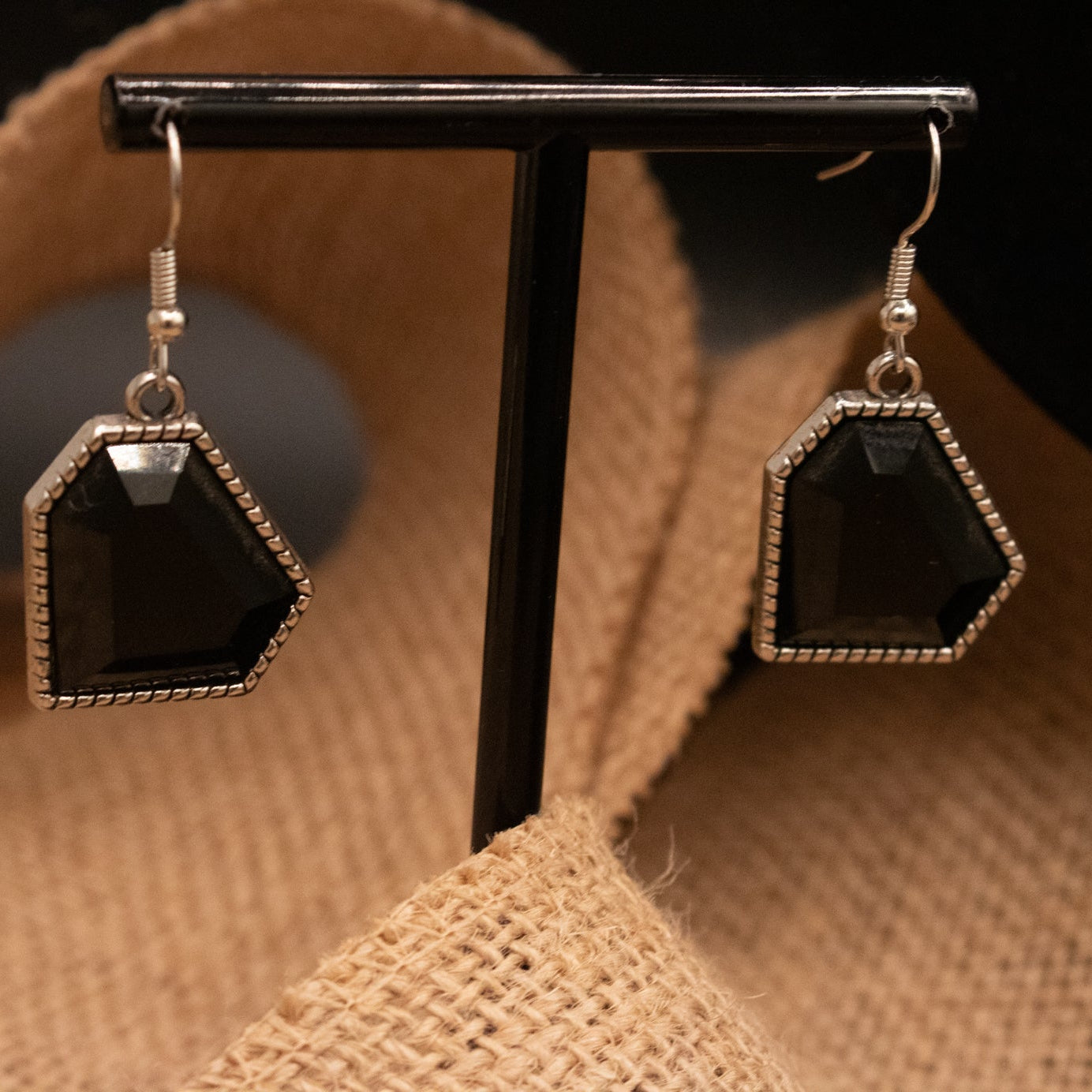 Black Abstract Cut Gemstone Statement Piece Matching Earring and Necklace Set