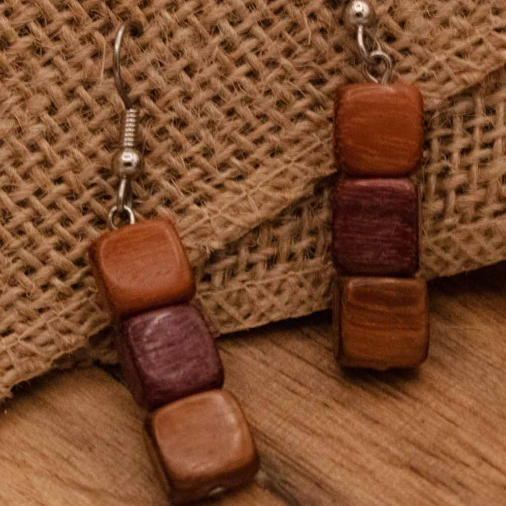 Wood Bead Dangle Earrings Brown Rustic Boho Wooden Drop Earrings Natural Style