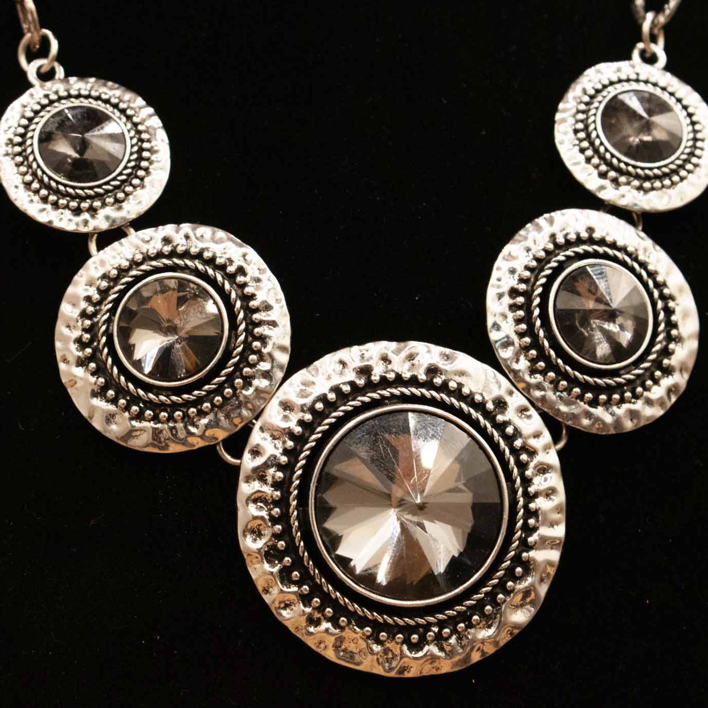 Paparazzi Large Circular Silver Statement Piece Necklace & Earring Set with Blackish Grey Gemstones