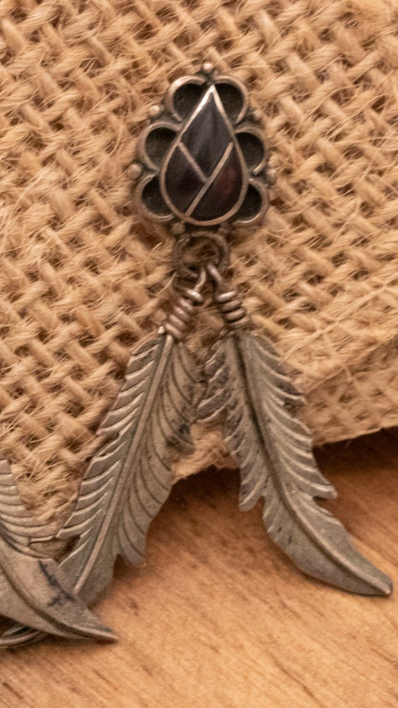 Feather Dangle Earrings Black Stone Boho Western Rustic Statement Earrings