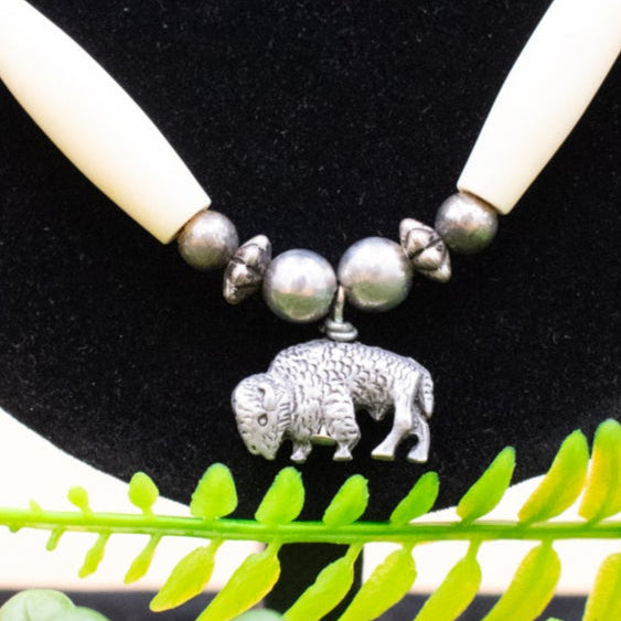 Vintage Native American Navajo Necklace with Silver Buffalo Black Wooden Beads