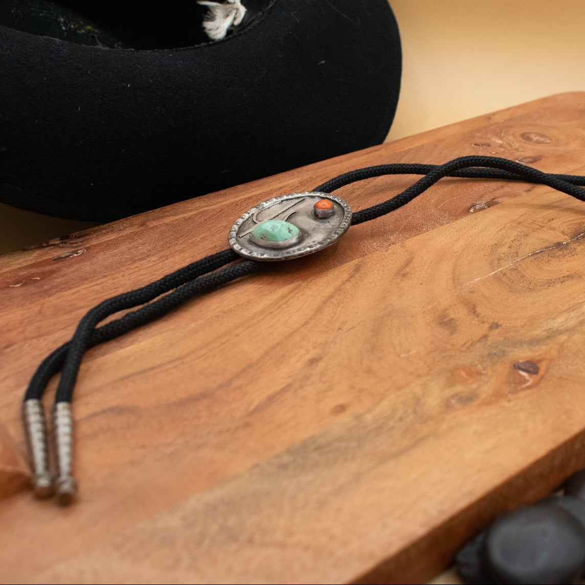Native American Cactus Bolo Tie with Turquoise and Red Coral Gemstones