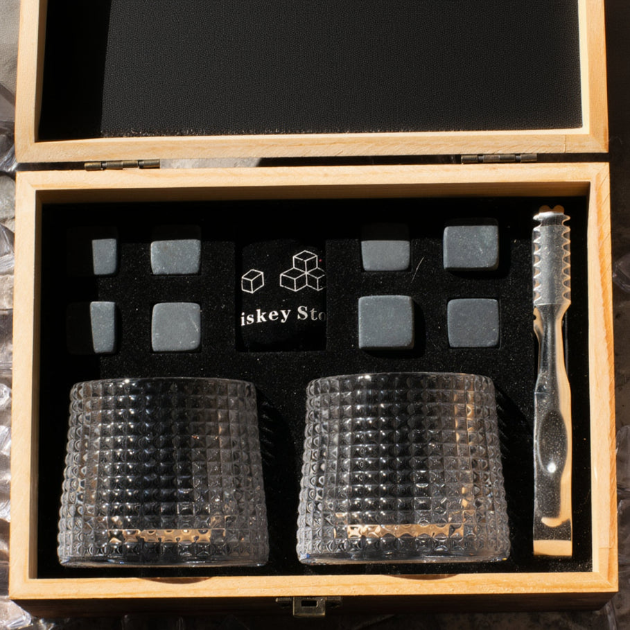Whiskey Stones set with glasses and tongs in a wooden box HKDGYHON Whisky Stone Set