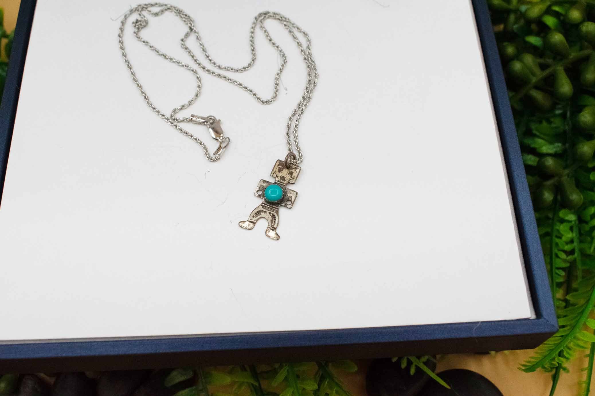 Vintage Navajo Dancer Turquoise Pendant Necklace Sterling Silver Harvey Era Style