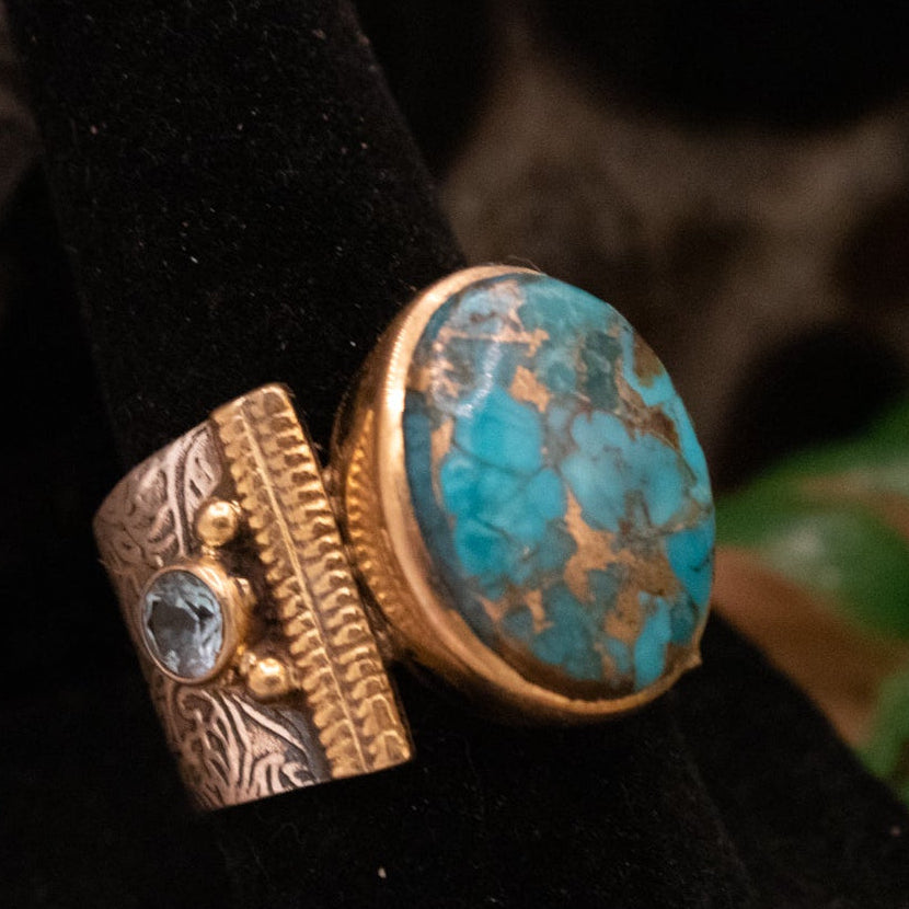 Blue Copper Turquoise 925 Sterling Silver Handmade Topaz Flower Size 10