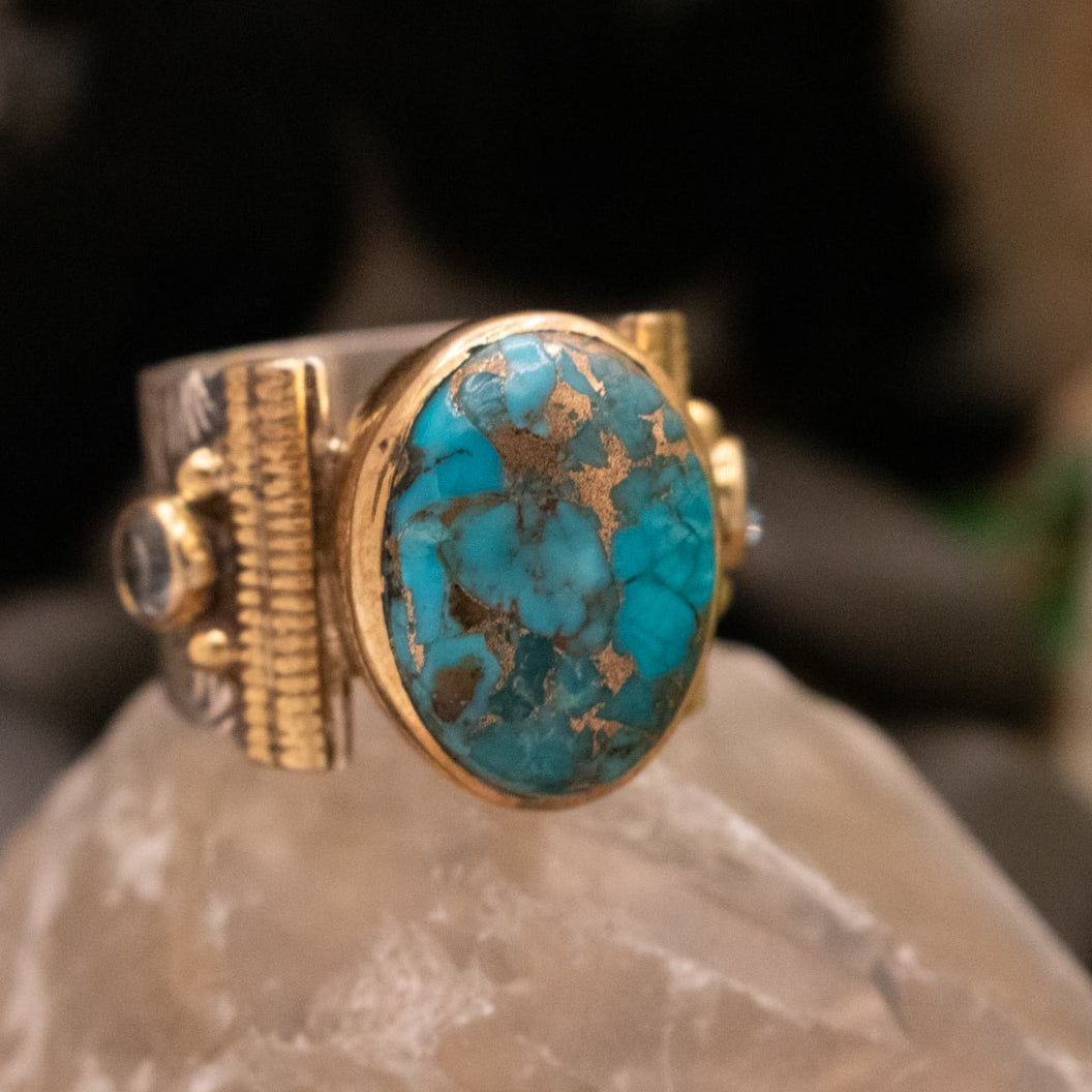 Blue Copper Turquoise 925 Sterling Silver Handmade Topaz Flower Size 10