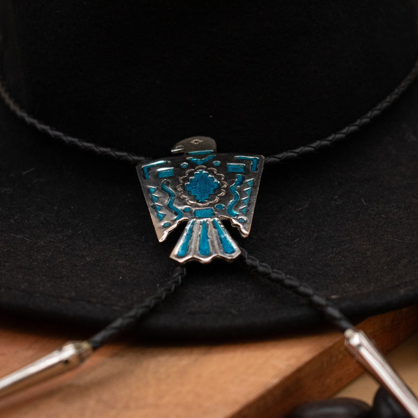 Native American Blue Turquoise Color Resin Inlayed Thunderbird Bolo Tie